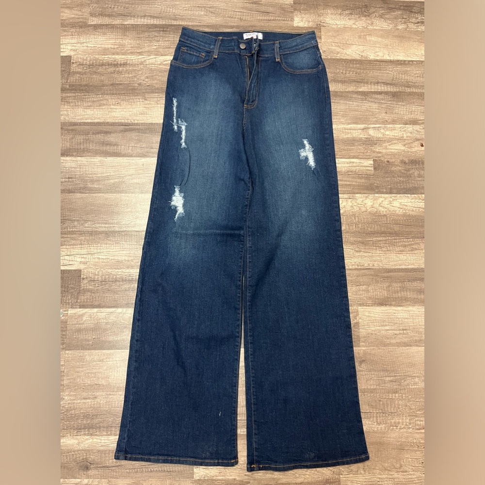 Swank a posh wide leg high rise blue jeans distressed size 13